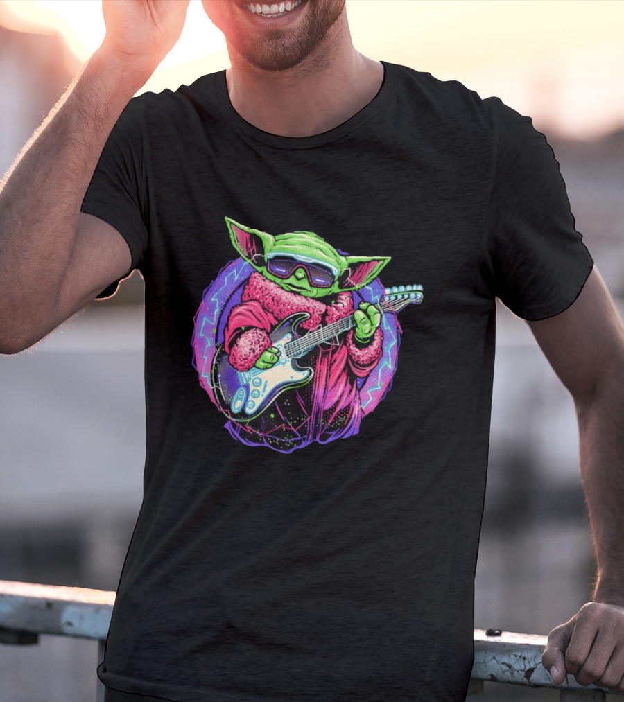 Grogu Electric Galaxy Guitar Blue Neon Lightning T-Shirt