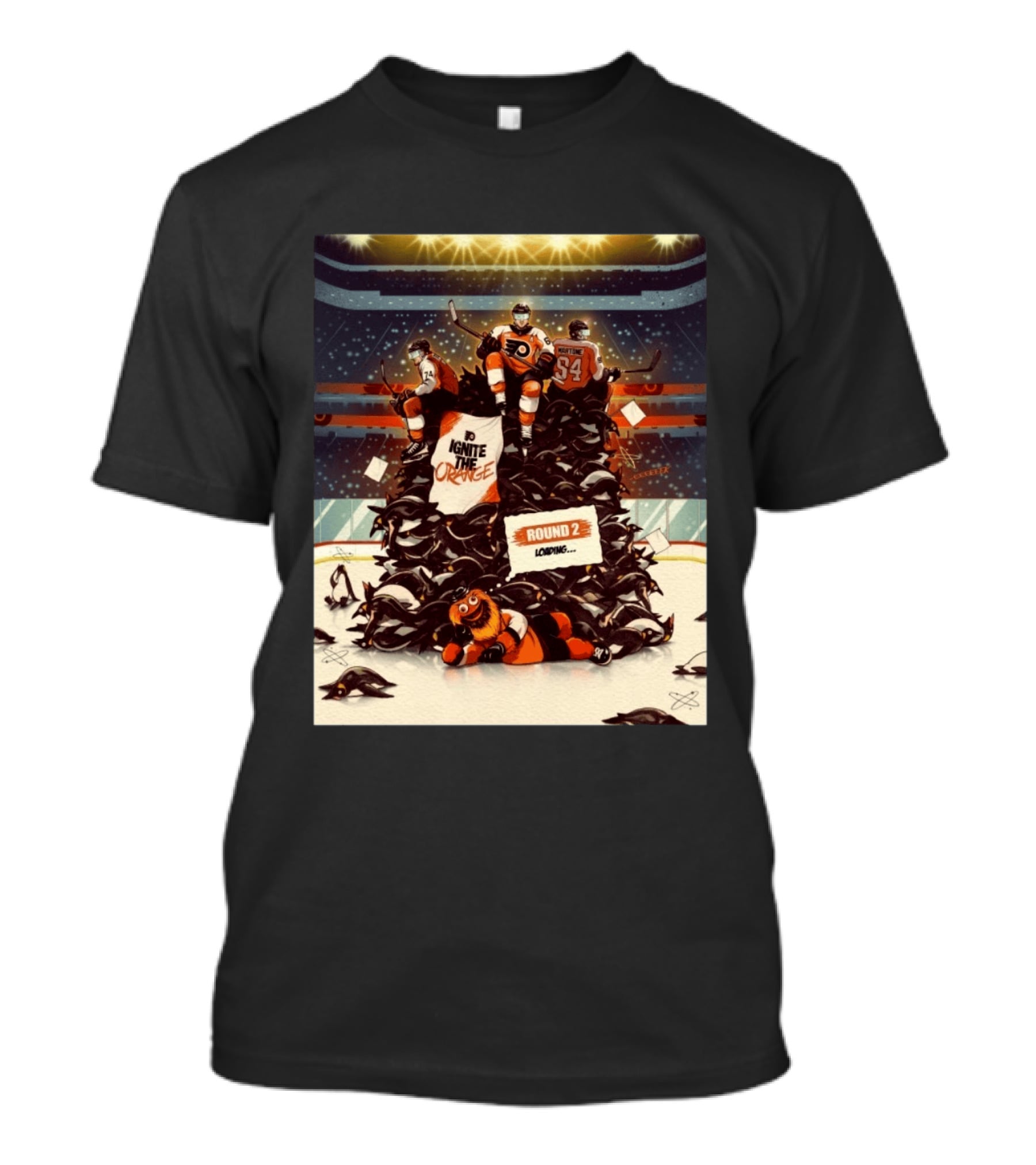Philadelphia Flyers Ignite The Orange Round 2 Loading Cartoon Hockey Battle T-Shirt
