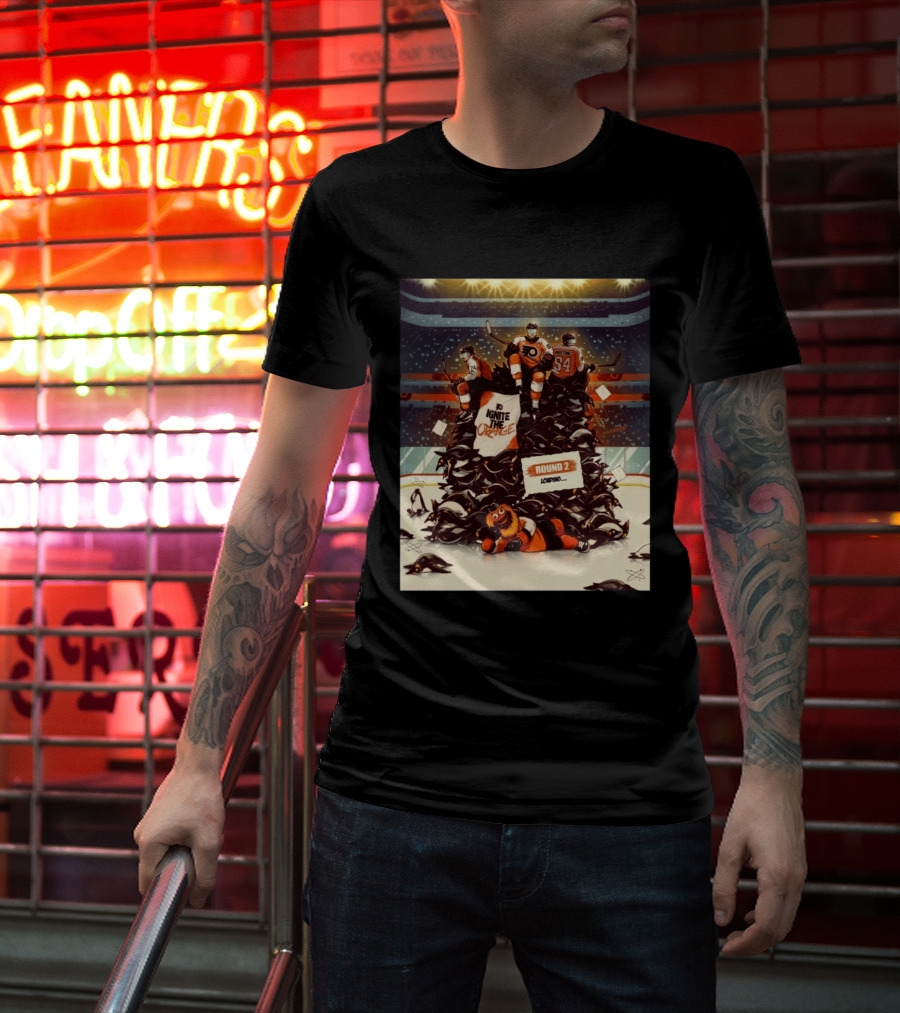 Philadelphia Flyers Ignite The Orange Round 2 Loading Cartoon Hockey Battle T-Shirt