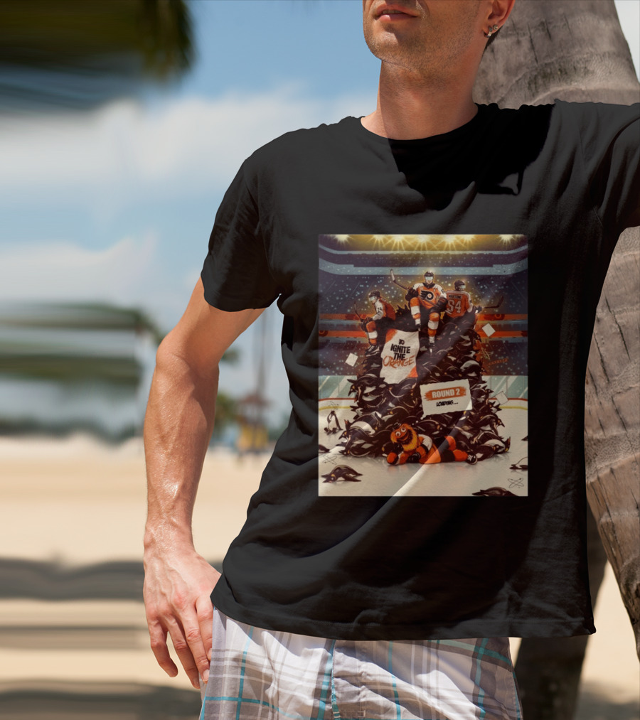 Philadelphia Flyers Ignite The Orange Round 2 Loading Cartoon Hockey Battle T-Shirt