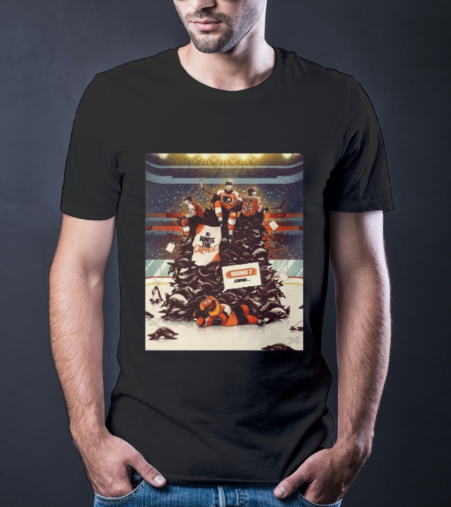 Philadelphia Flyers Ignite The Orange Round 2 Loading Cartoon Hockey Battle T-Shirt