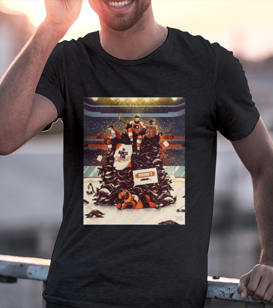 Philadelphia Flyers Ignite The Orange Round 2 Loading Cartoon Hockey Battle T-Shirt