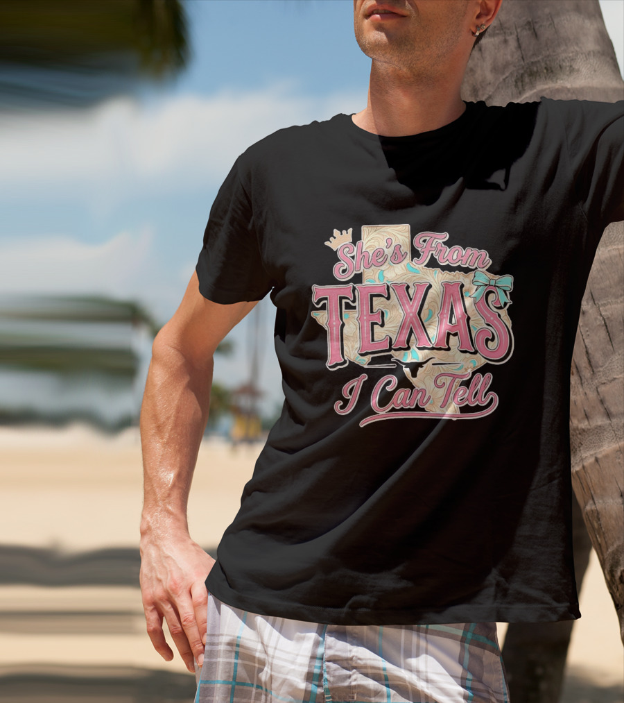 She's From Texas I Can Tell Texas Map Crown Bow T-Shirt