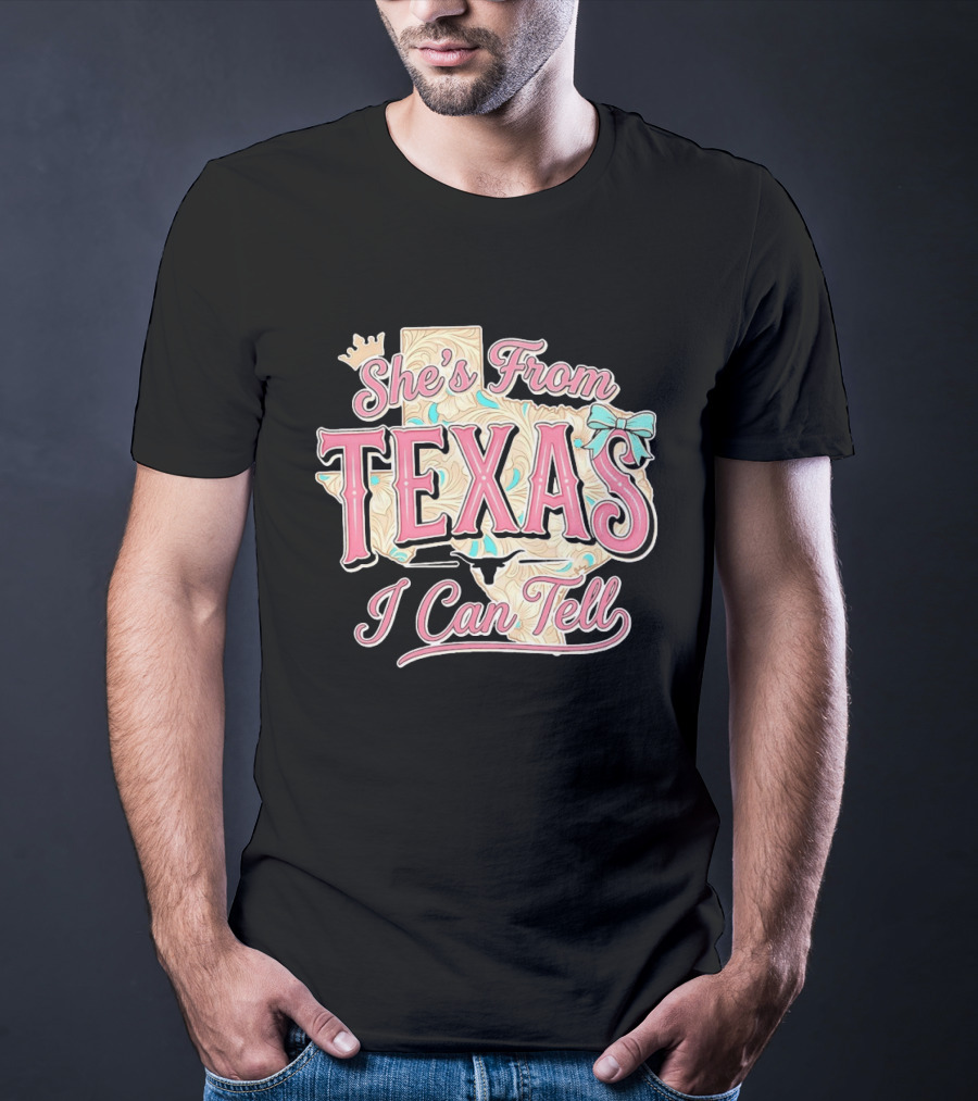 She's From Texas I Can Tell Texas Map Crown Bow T-Shirt
