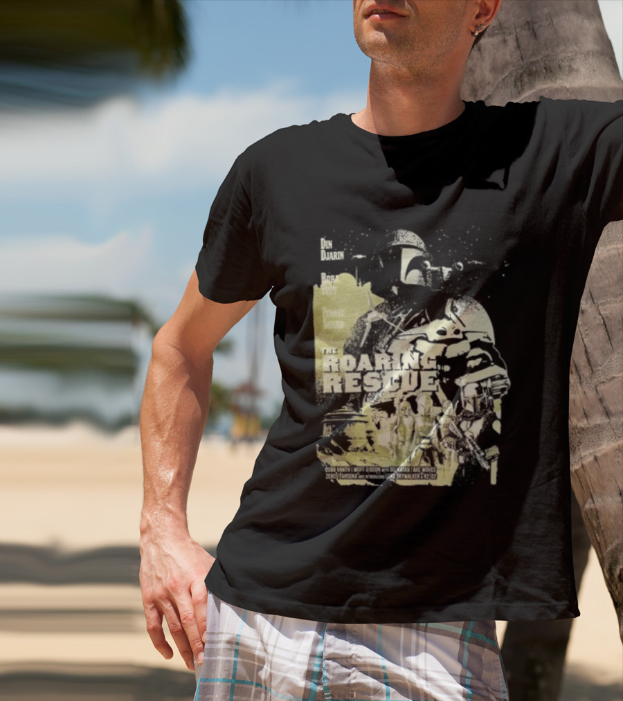 Heroes Villains Star Wars Din Djarin Boba Fett Fennec Shand Roaring Rescue 2026 T-Shirt