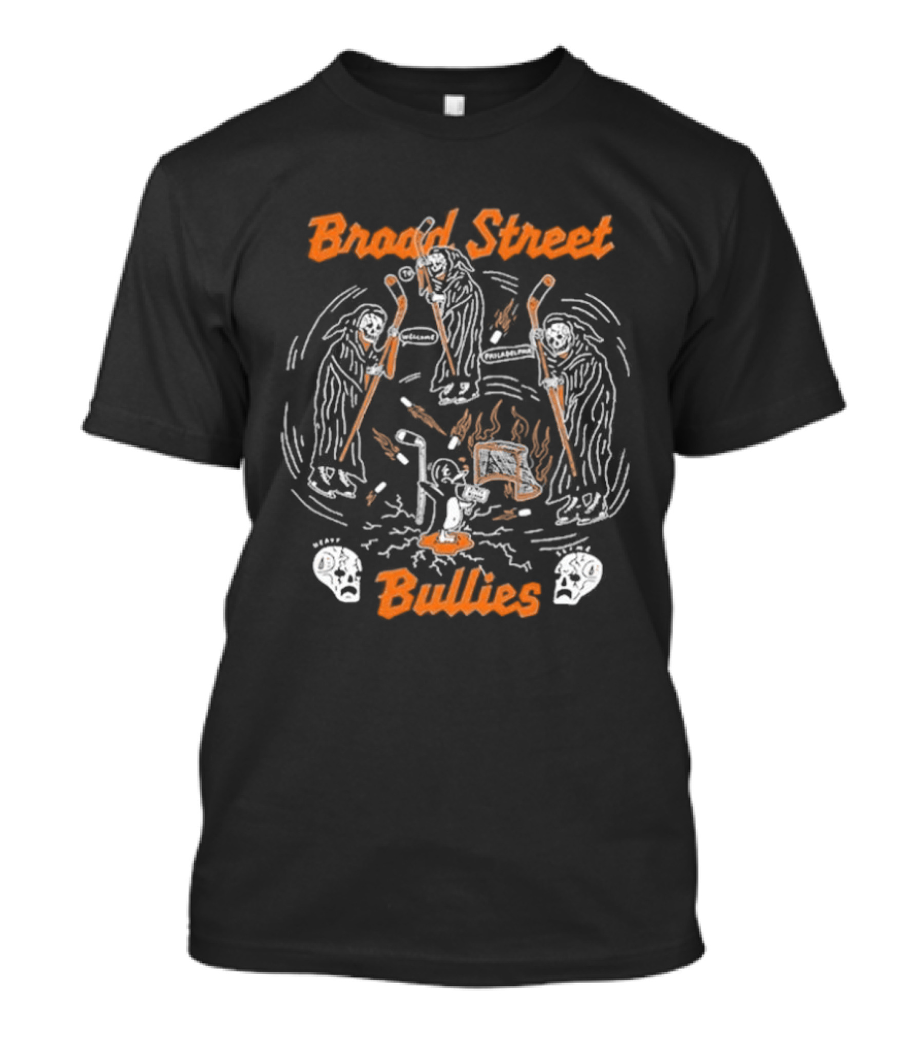 Philadelphia Broad Street Bullies Skull 2026 Hockey Sticks And Flames T-Shirt
