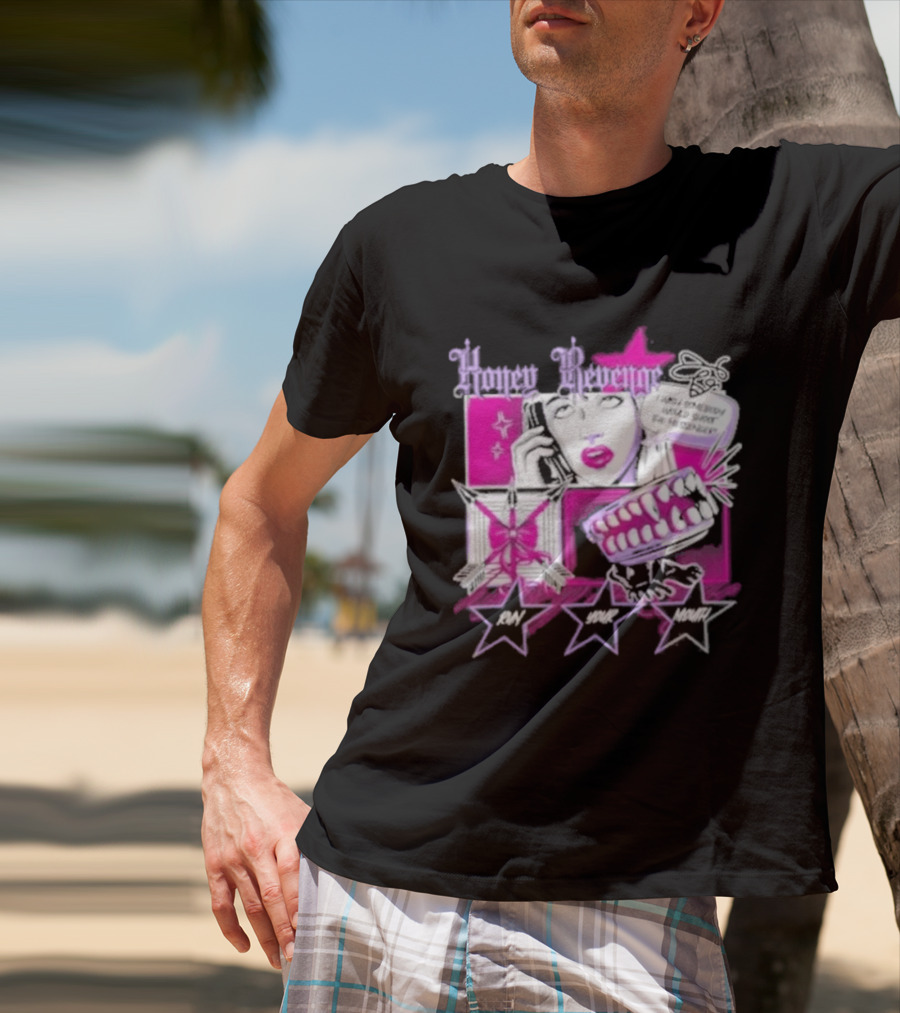 Honey Revenge Comic Style Pink And Black Lips Starburst T-Shirt