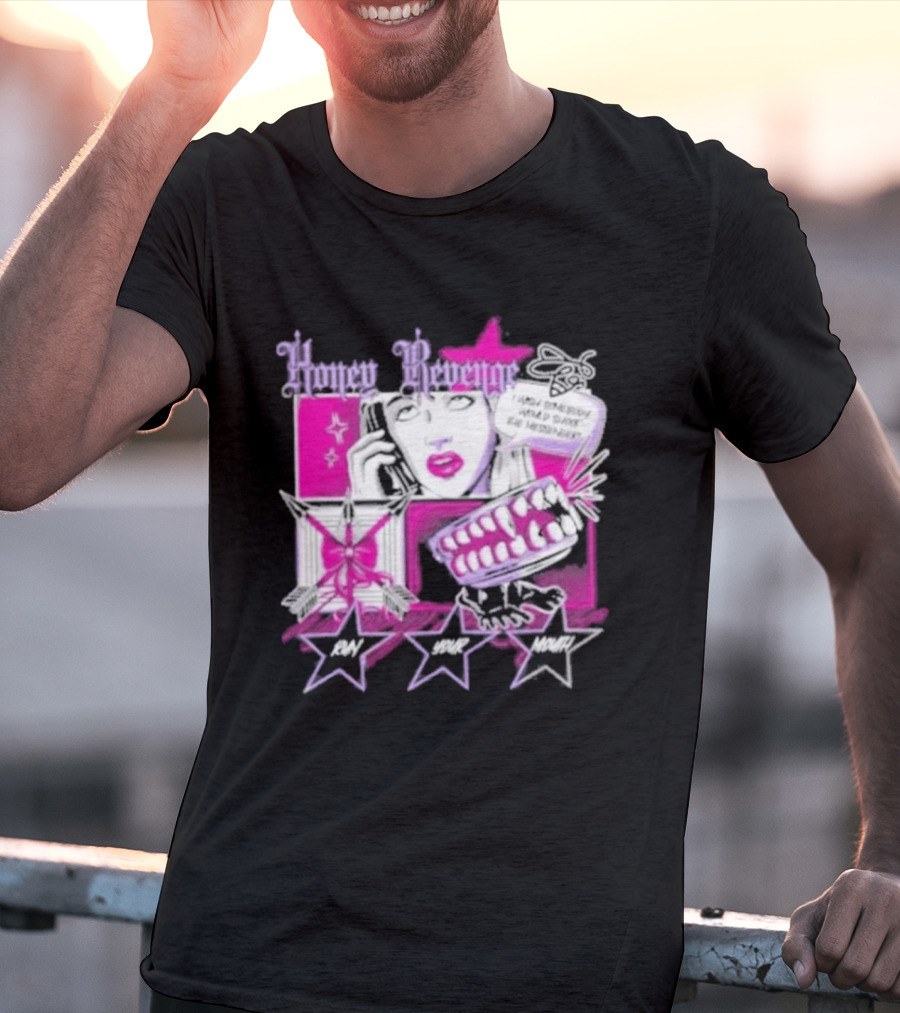 Honey Revenge Comic Style Pink And Black Lips Starburst T-Shirt