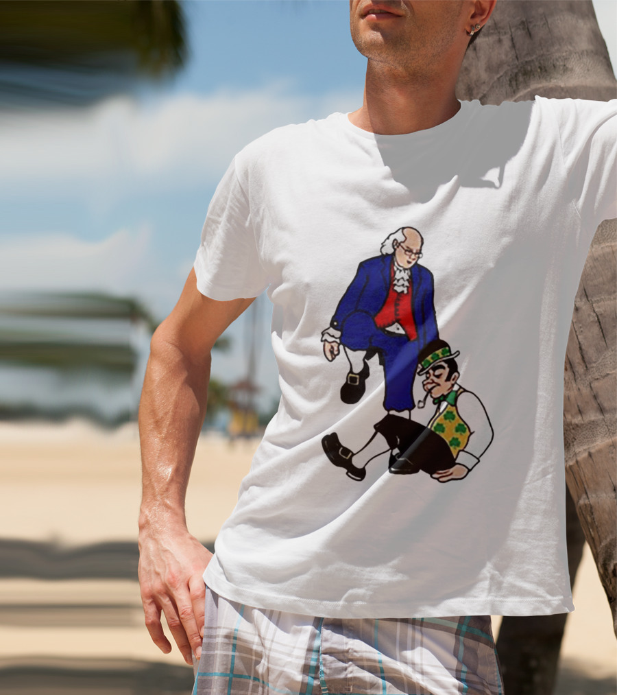 Ben Franklin Stepover Cartoon Colonial Vs Leprechaun T-Shirt