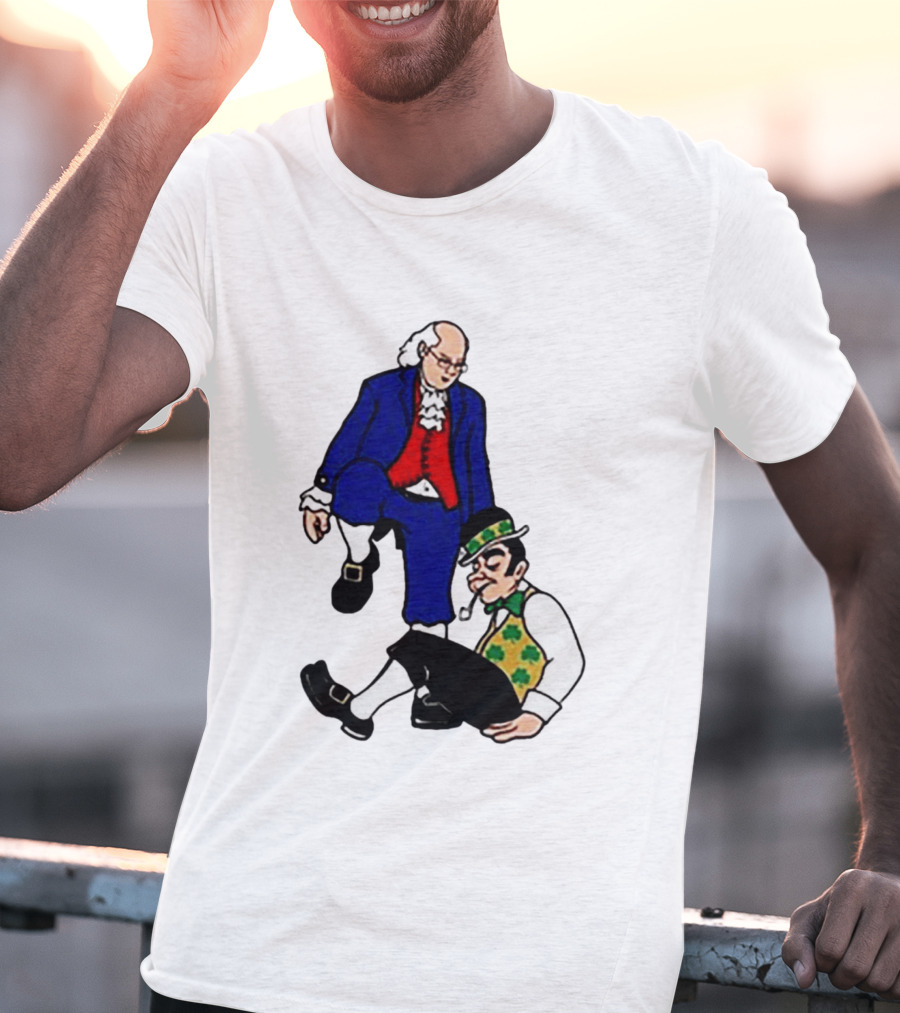 Ben Franklin Stepover Cartoon Colonial Vs Leprechaun T-Shirt