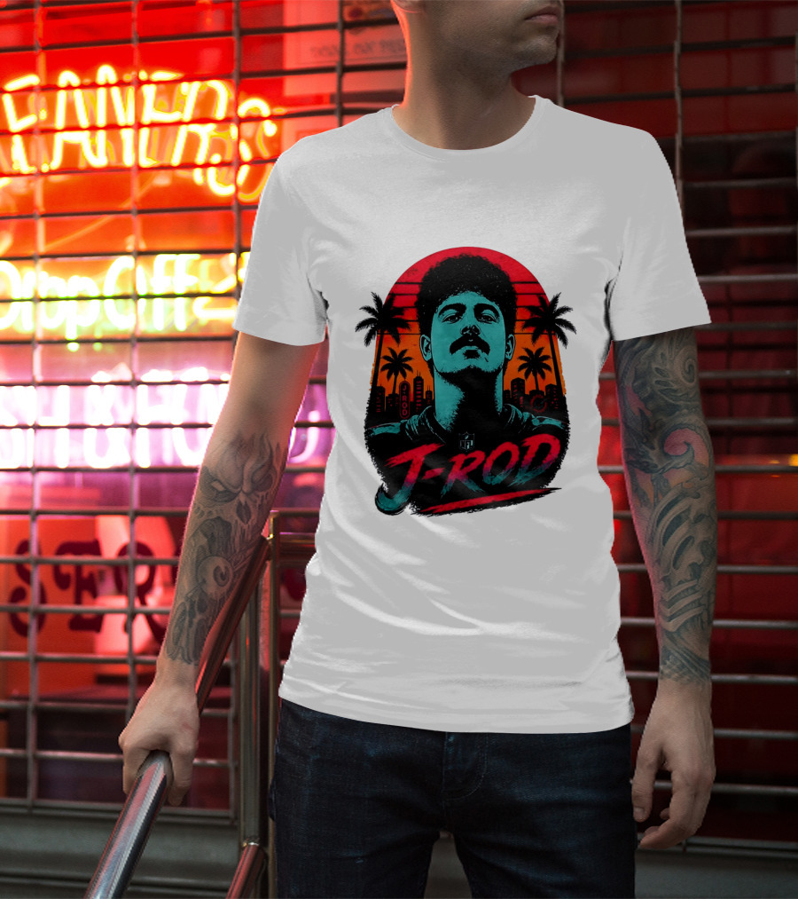 J Rod Retro Sunset Vibes With NFL And Palm Trees T-Shirt