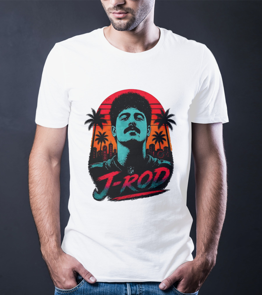 J Rod Retro Sunset Vibes With NFL And Palm Trees T-Shirt