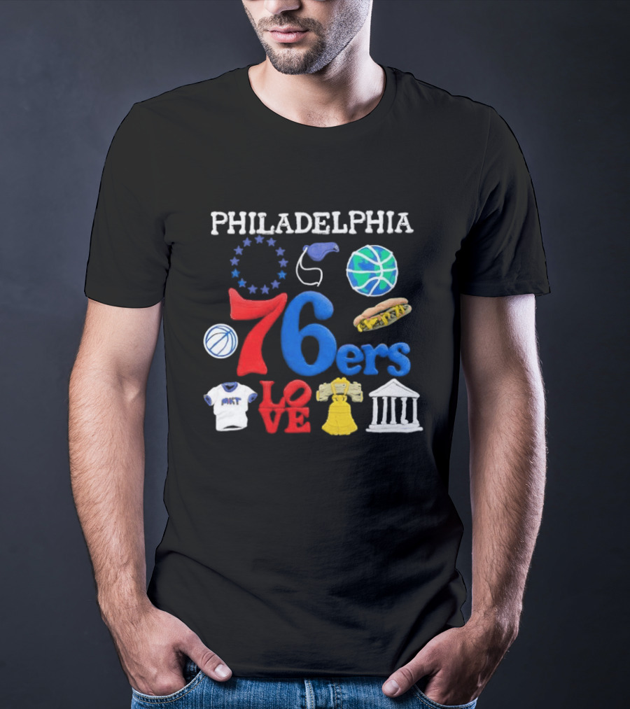 Philadelphia 76ers Claymation Icons Hot Dog Liberty Bell Basketball LOVE Statue City T-Shirt