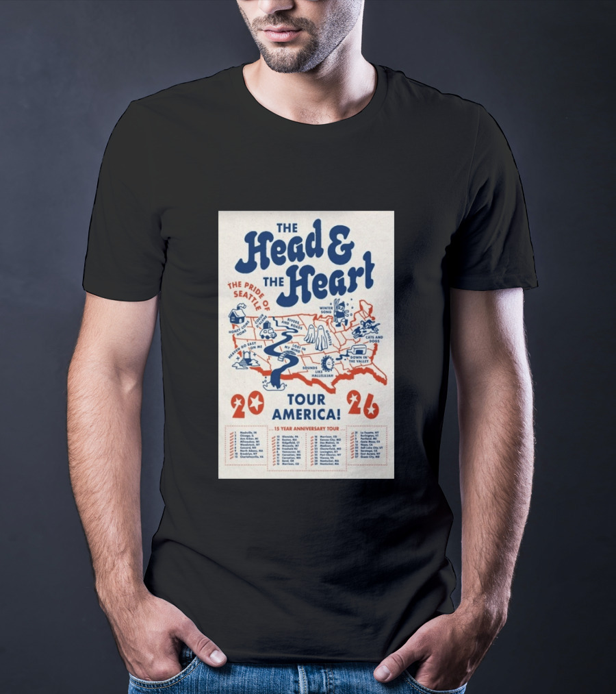 The Head And The Heart Tour America 2026 Pride Of Seattle Map 15 Year Anniversary T-Shirt