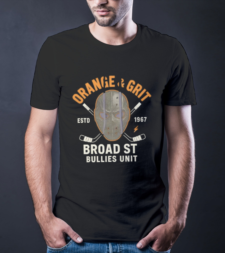 Orange And Grit Broad St Bullies Unit ESTD 1967 Hockey Mask And Sticks T-Shirt