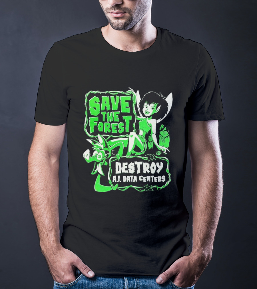 Save The Forest Destroy A.I. Data Centers Cartoon Fairy And Boar T-Shirt