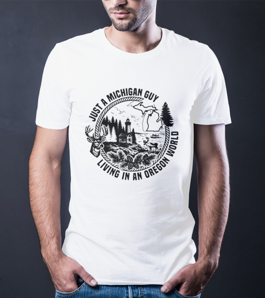 Just A Michigan Guy Living In An Oregon World Scenic Nature Scene With Deer Lighthouse And Trees T-Shirt