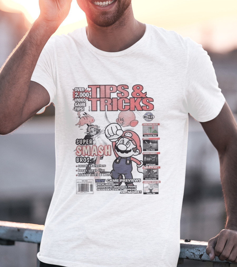 Super Smash Bros Over 2000 Video Game Tips And Tricks Retro Cover Mario Kirby Characters T-Shirt