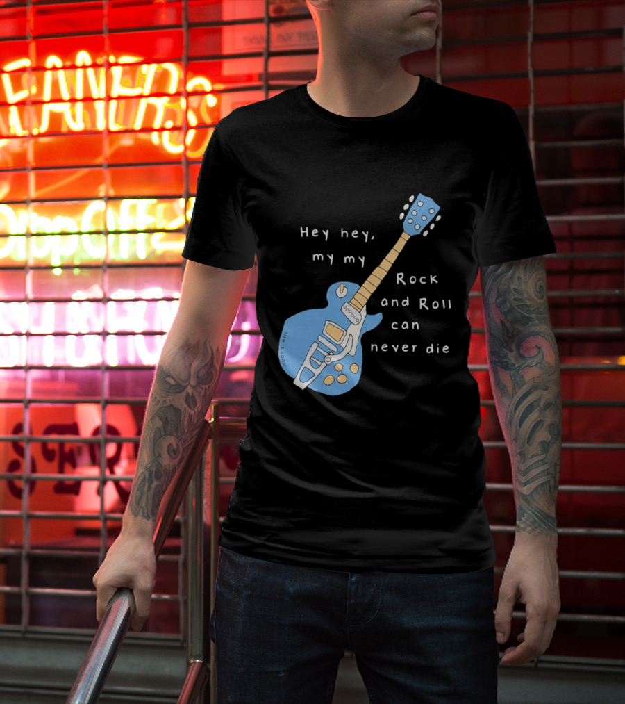 Hey Hey My My Rock And Roll Can Never Die Blue Guitar T-Shirt