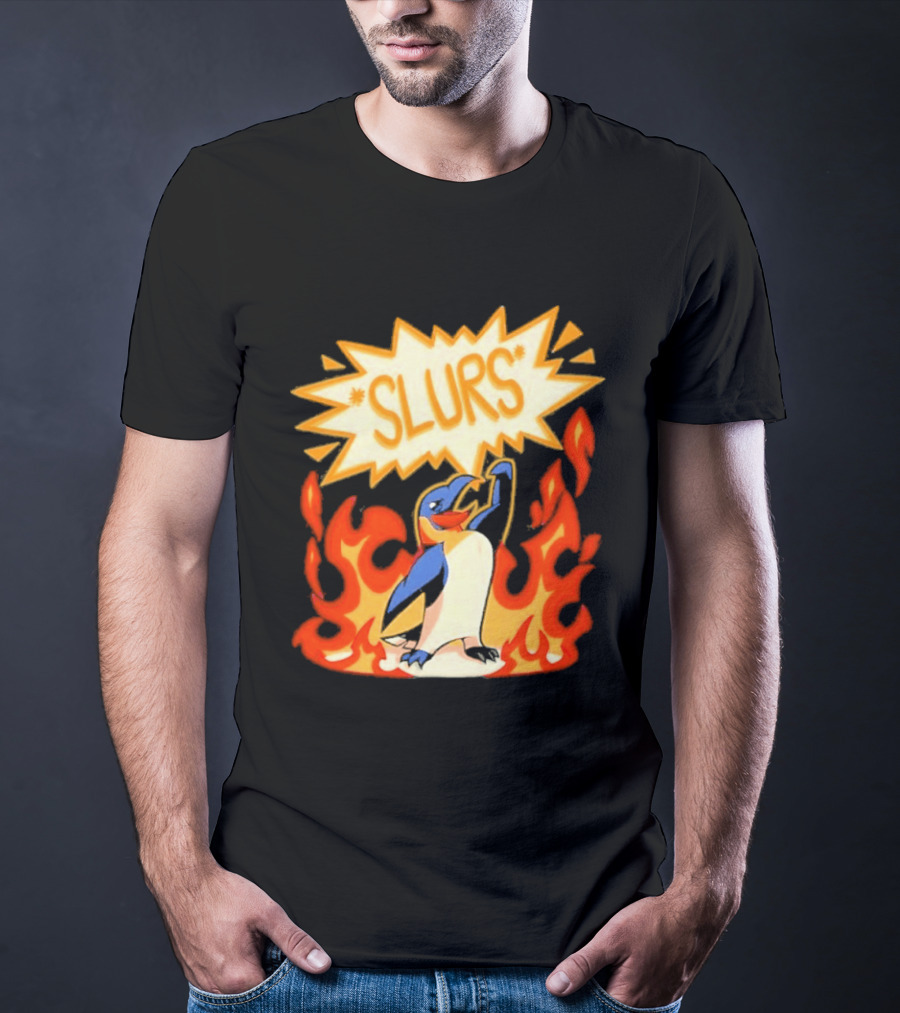 Penguin Slurs Cartoon Flaming Penguin In Fiery Speech Bubble T-Shirt