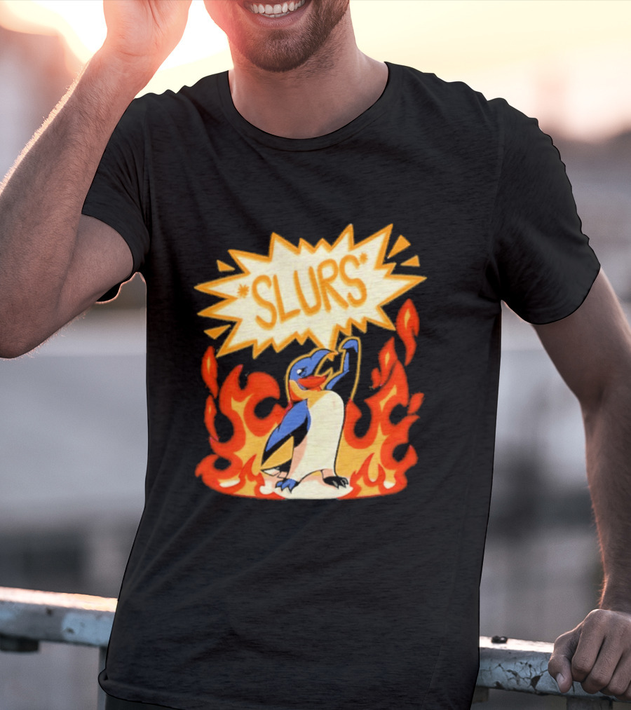 Penguin Slurs Cartoon Flaming Penguin In Fiery Speech Bubble T-Shirt