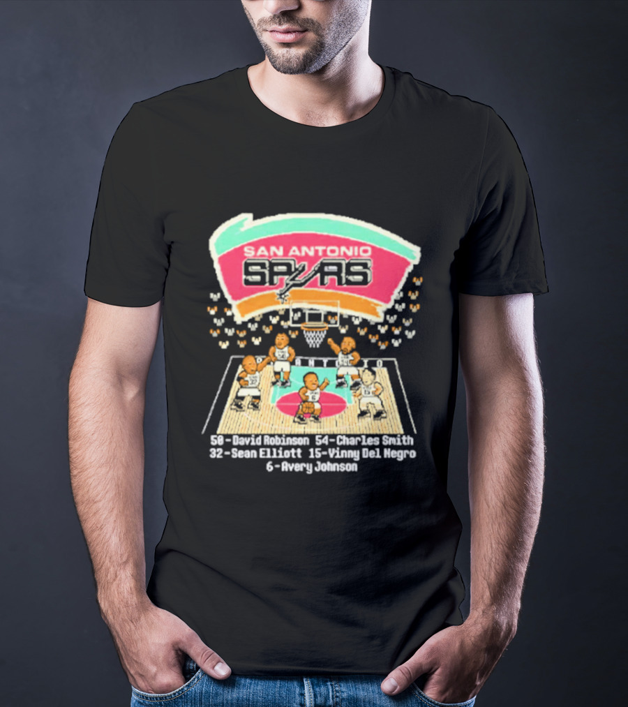 San Antonio Spurs David Robinson Charles Smith Sean Elliott Vinny Del Negro Avery Johnson Basketball Team T-Shirt