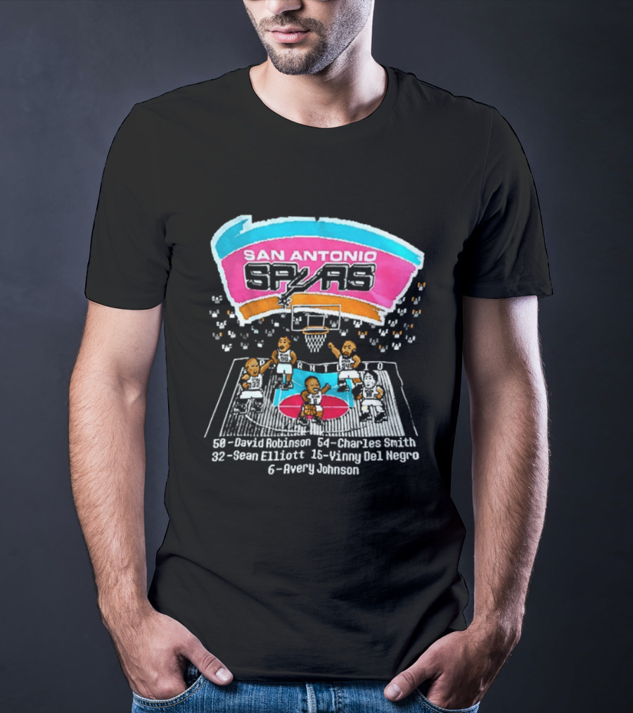San Antonio Spurs 8 Bit Caricature David Robinson Charles Smith Sean Elliott Vinny Del Negro Avery Johnson NBA T-Shirt