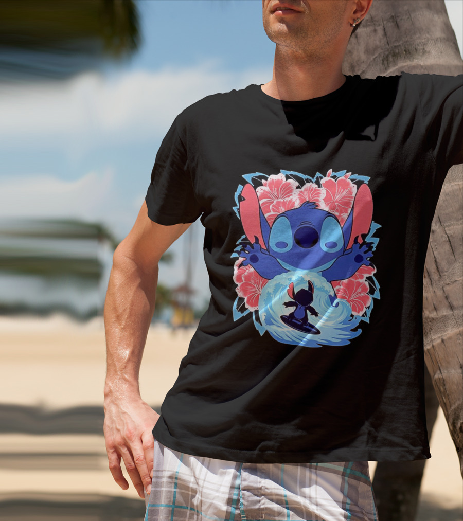 Lilo And Stitch Surfing Tropical Hibiscus Flowers T-Shirt
