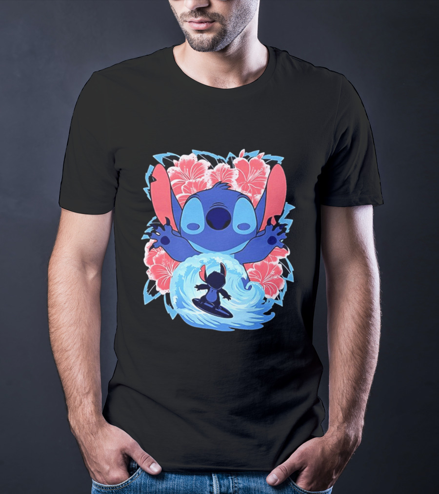 Lilo And Stitch Surfing Tropical Hibiscus Flowers T-Shirt