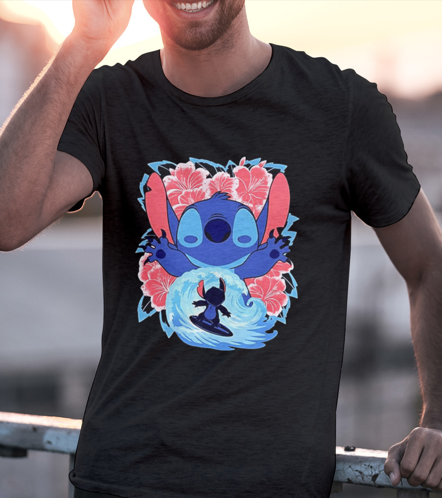 Lilo And Stitch Surfing Tropical Hibiscus Flowers T-Shirt