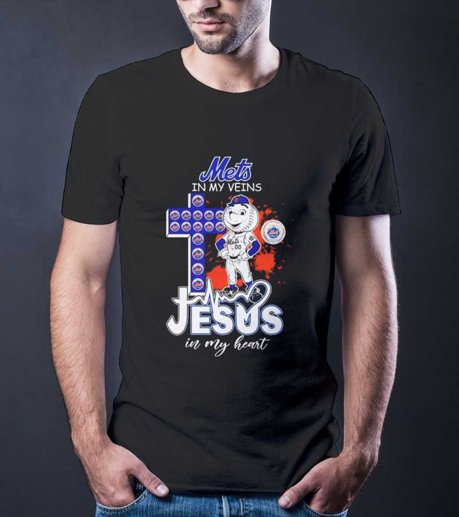 Mets In My Veins Jesus In My Heart Cross And Baseball T-Shirt