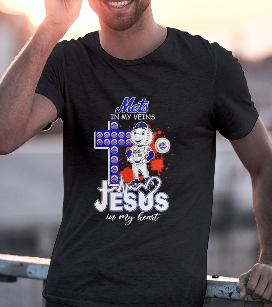 Mets In My Veins Jesus In My Heart Cross And Baseball T-Shirt