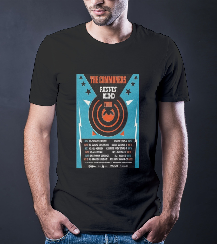 The Commoners Runnin Blind Tour 2026 Europe Dates Copenhagen Oslo Barcelona Madrid T-Shirt