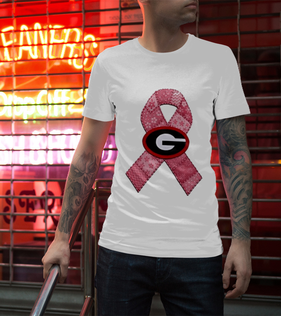 Georgia Bulldogs Patchwork Pink Ribbon Breast Cancer Awareness T-Shirt