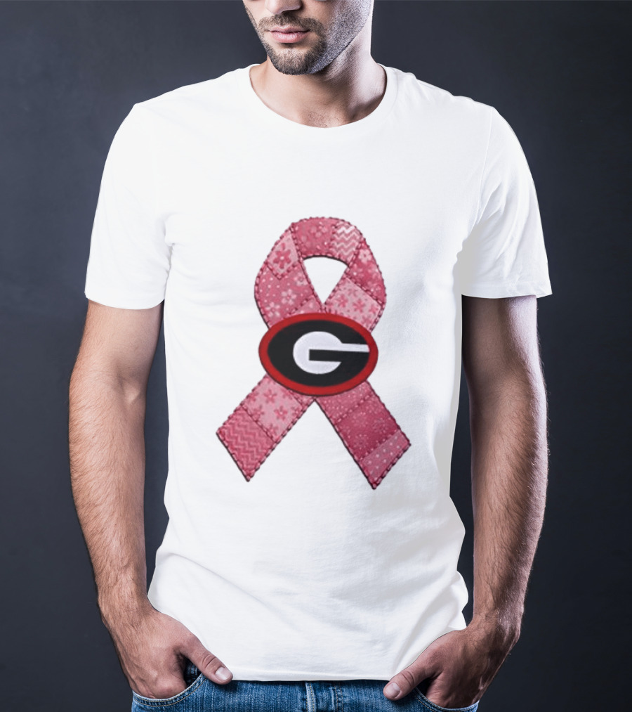 Georgia Bulldogs Patchwork Pink Ribbon Breast Cancer Awareness T-Shirt