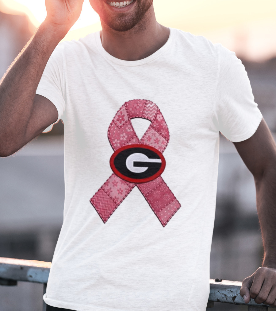 Georgia Bulldogs Patchwork Pink Ribbon Breast Cancer Awareness T-Shirt