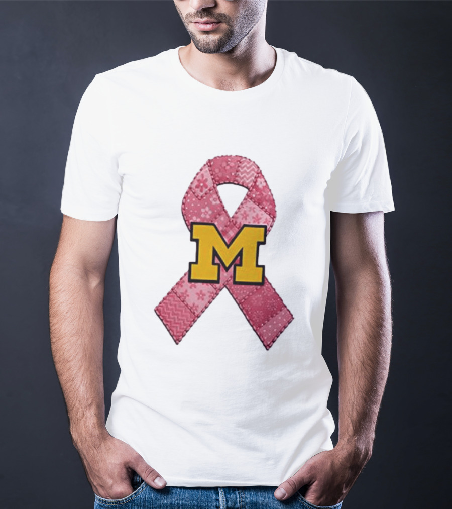 Michigan Wolverines Breast Cancer Awareness Pink Ribbon Patch T-Shirt