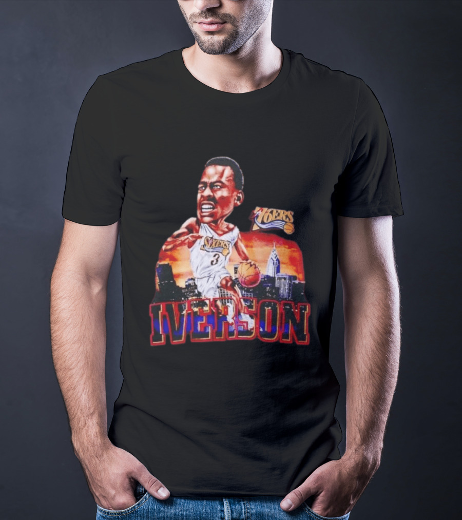 Allen Iverson 76ers Caricature With Philadelphia Skyline T-Shirt