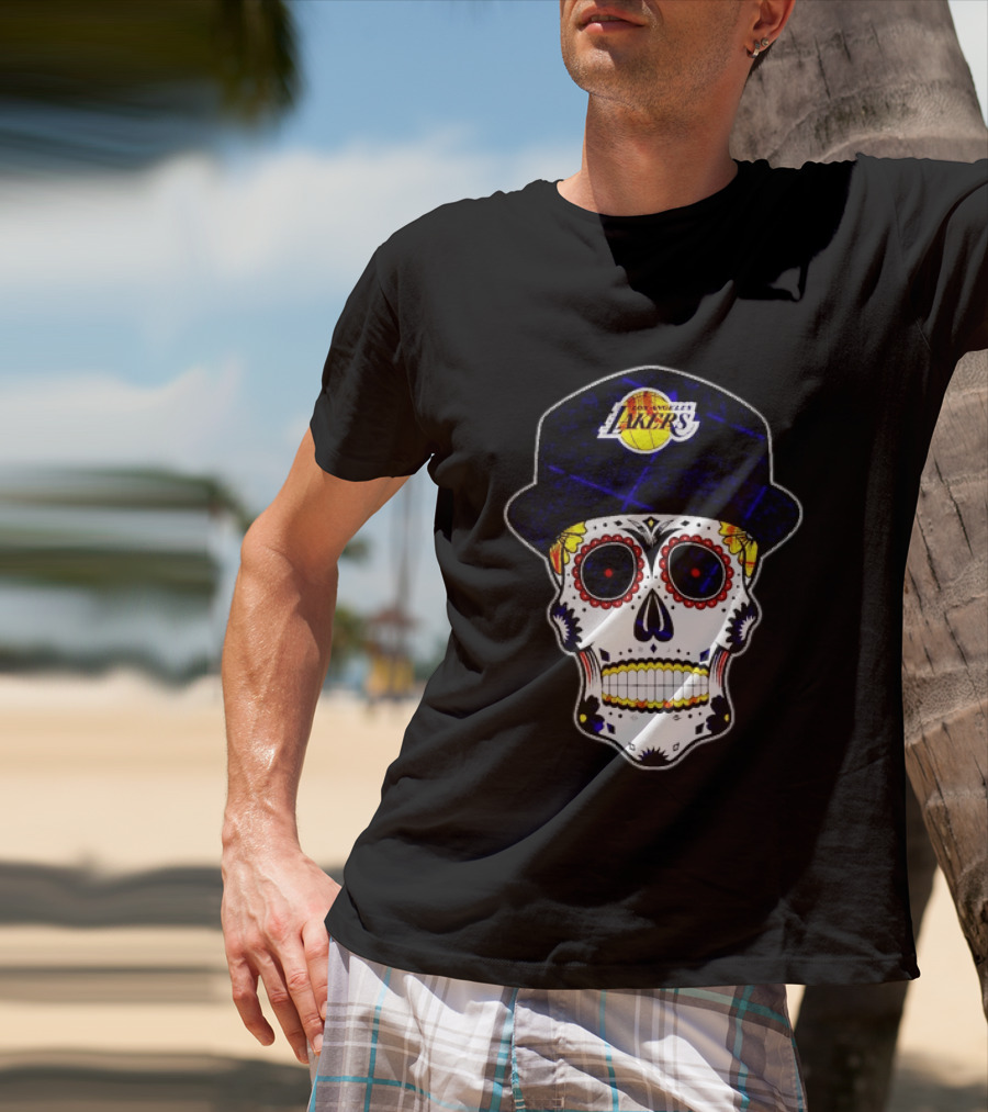 Los Angeles Lakers Sugar Skull Día De Muertos Hat Butterfly T-Shirt