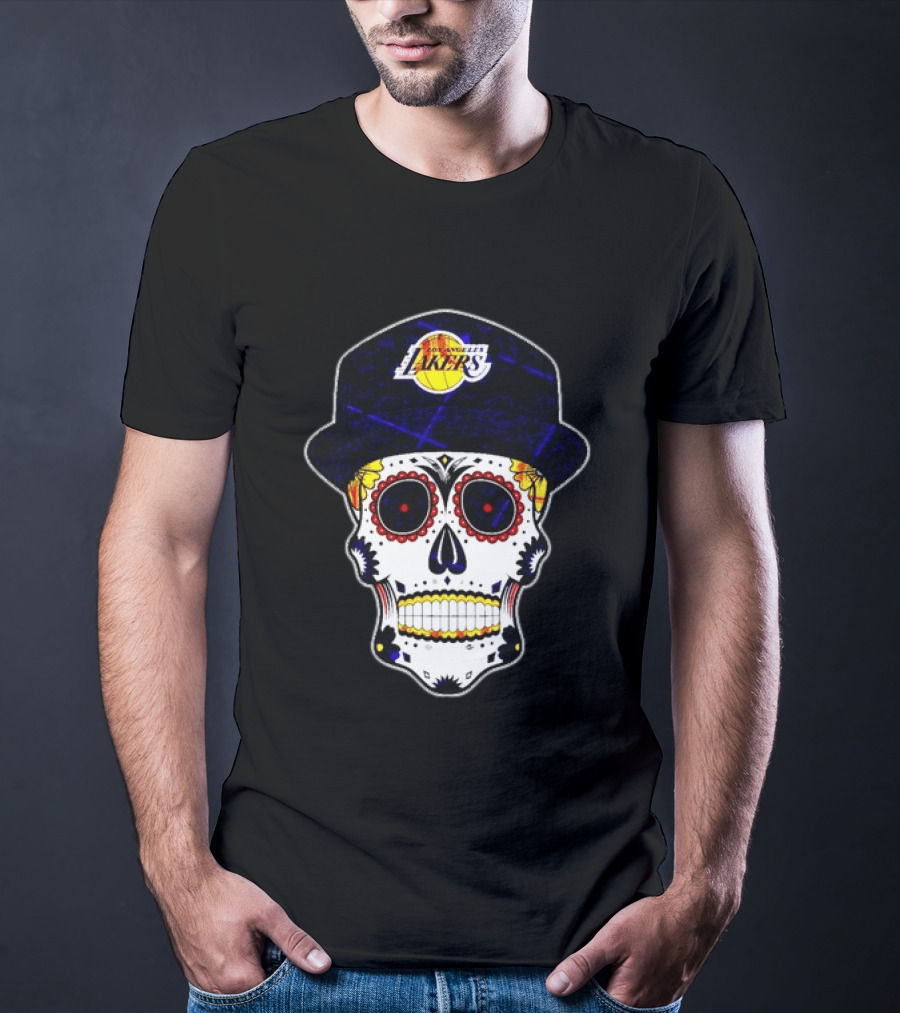 Los Angeles Lakers Sugar Skull Día De Muertos Hat Butterfly T-Shirt