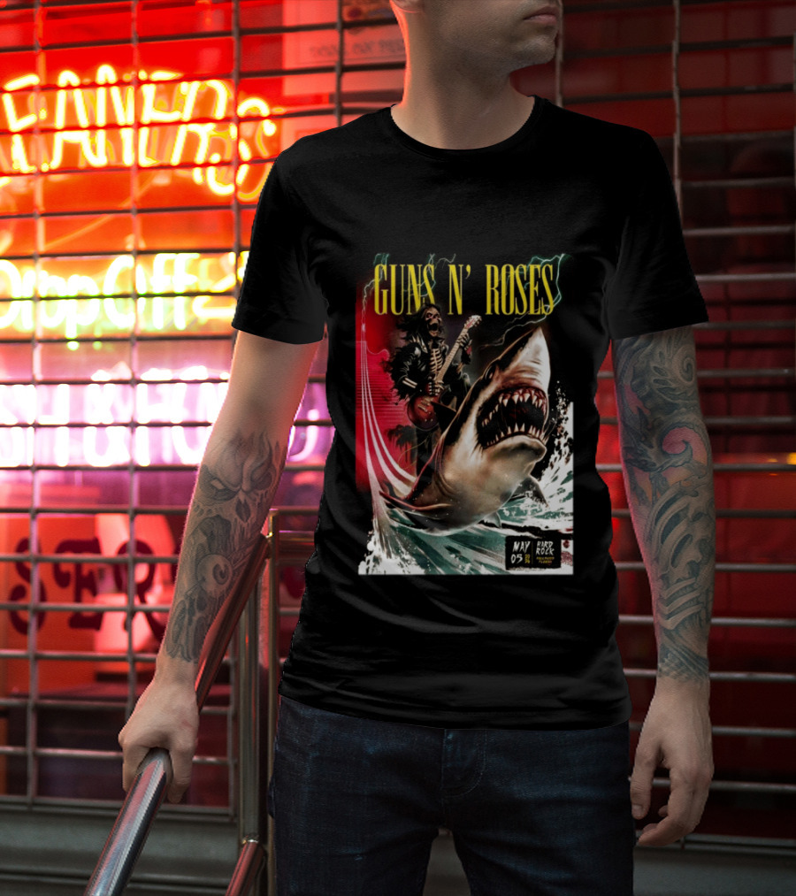 Guns N' Roses May 05 2026 Hard Rock Live Hollywood Concert Skeleton Guitarist Shark Wave T-Shirt