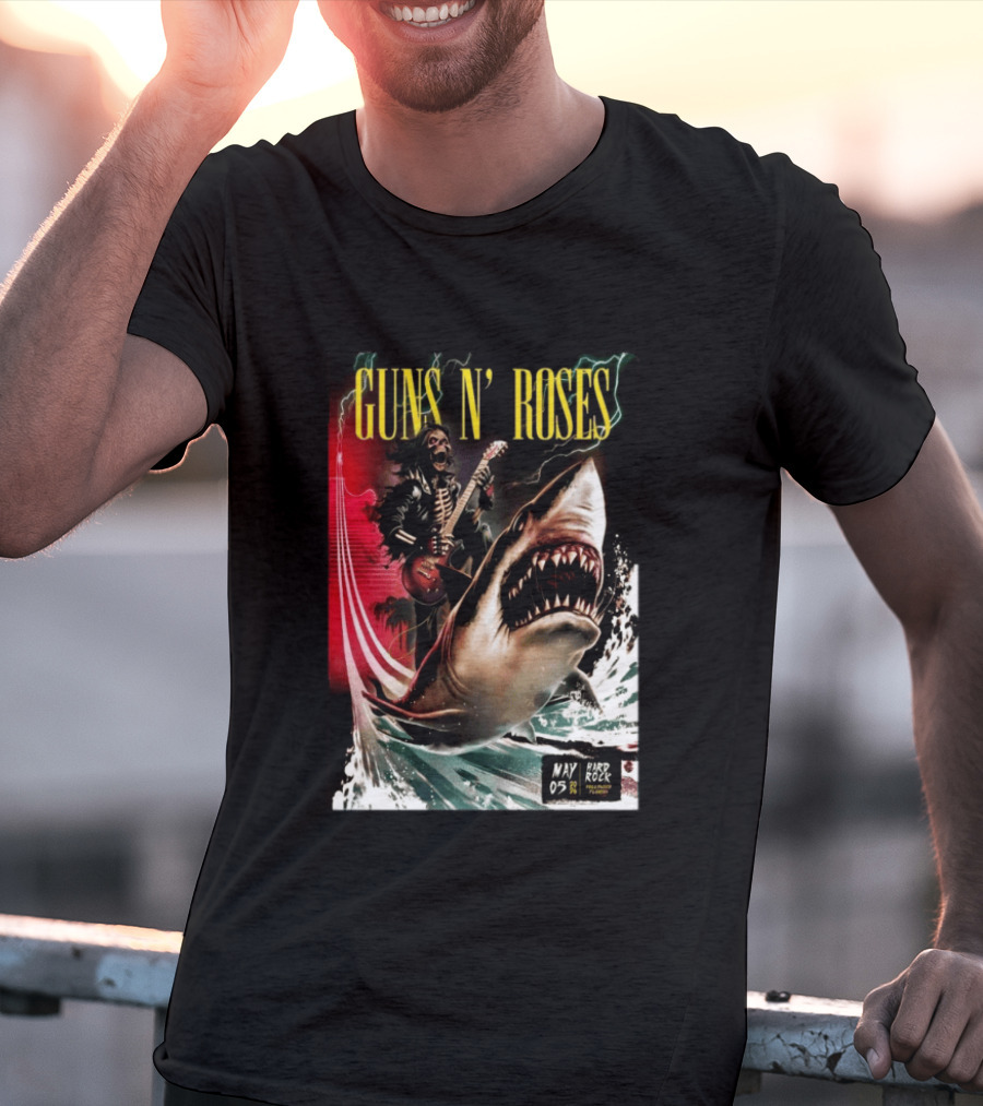 Guns N' Roses May 05 2026 Hard Rock Live Hollywood Concert Skeleton Guitarist Shark Wave T-Shirt