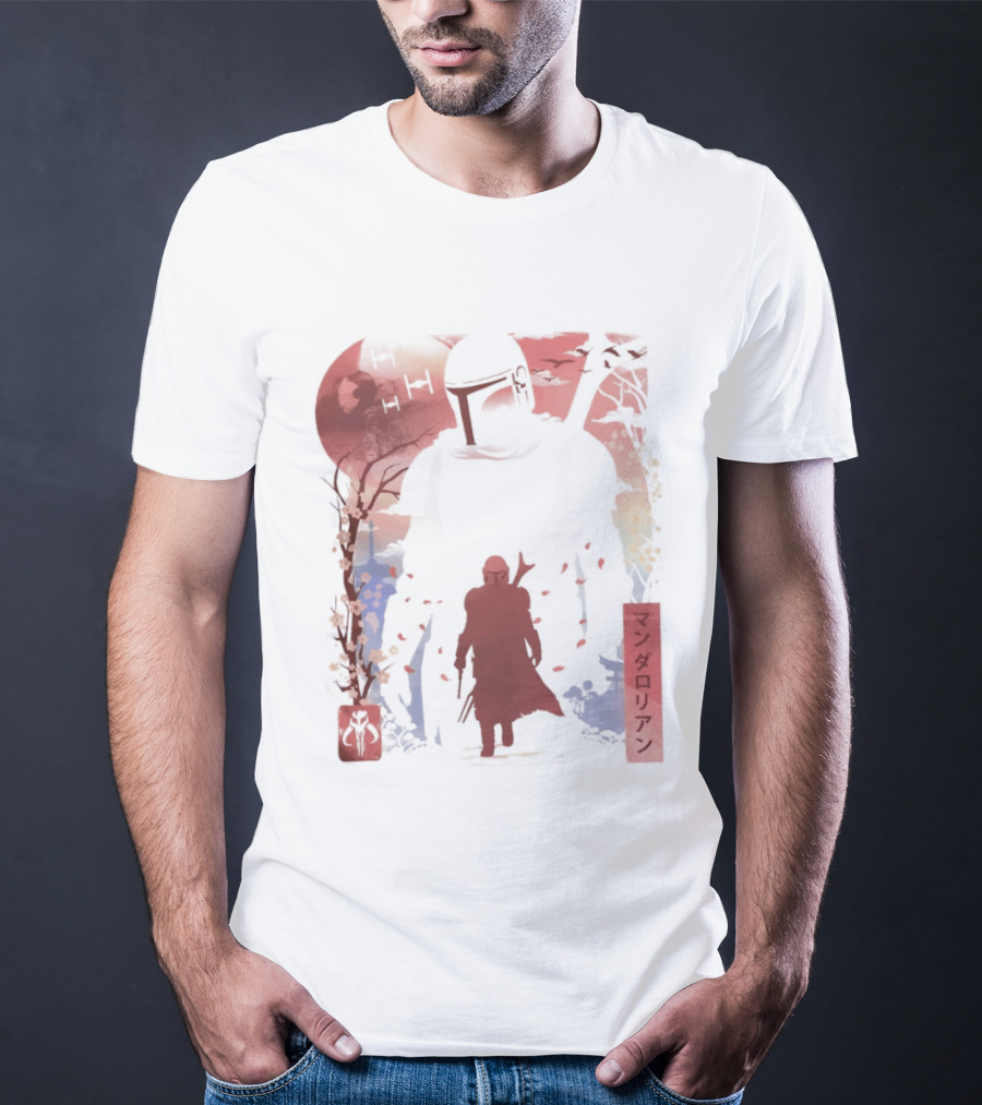 Lone Gunfighter Mandalorian Creed Japanese Text Star Wars Art Red Blue Yellow T-Shirt
