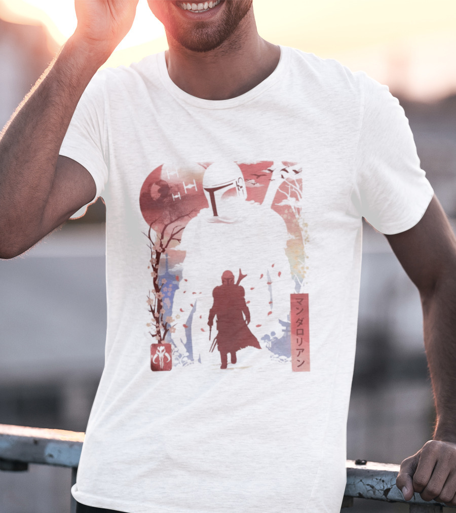 Lone Gunfighter Mandalorian Creed Japanese Text Star Wars Art Red Blue Yellow T-Shirt