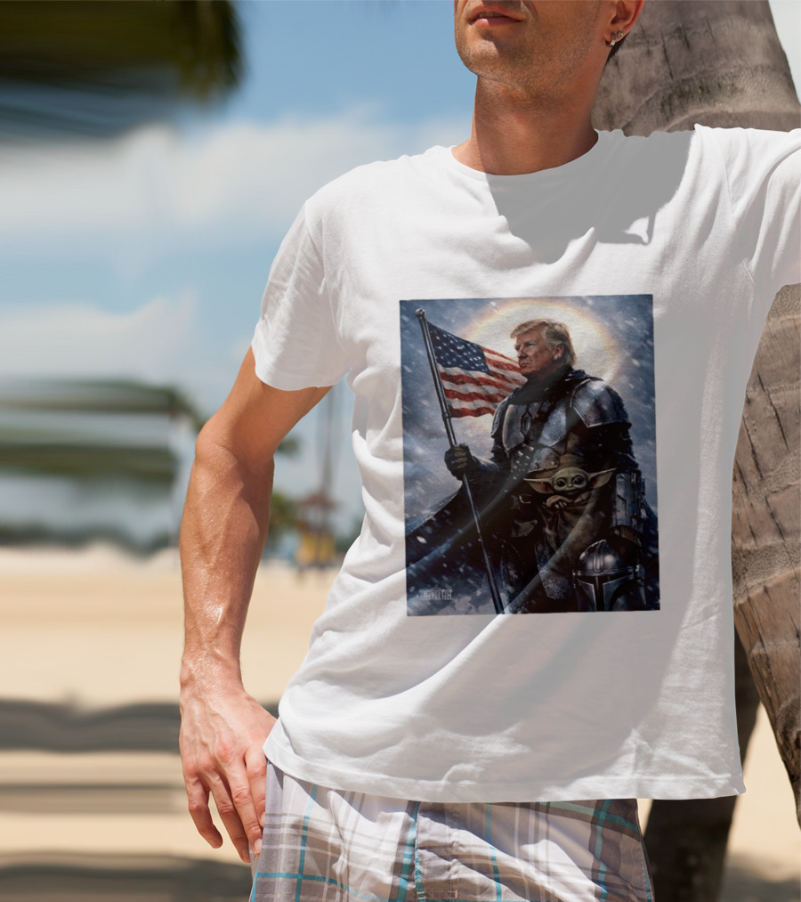 Donald Trump As The Mandalorian Holding American Flag With Grogu Star Wars T-Shirt