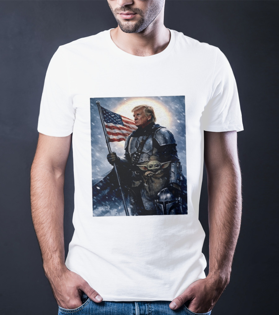 Donald Trump As The Mandalorian Holding American Flag With Grogu Star Wars T-Shirt