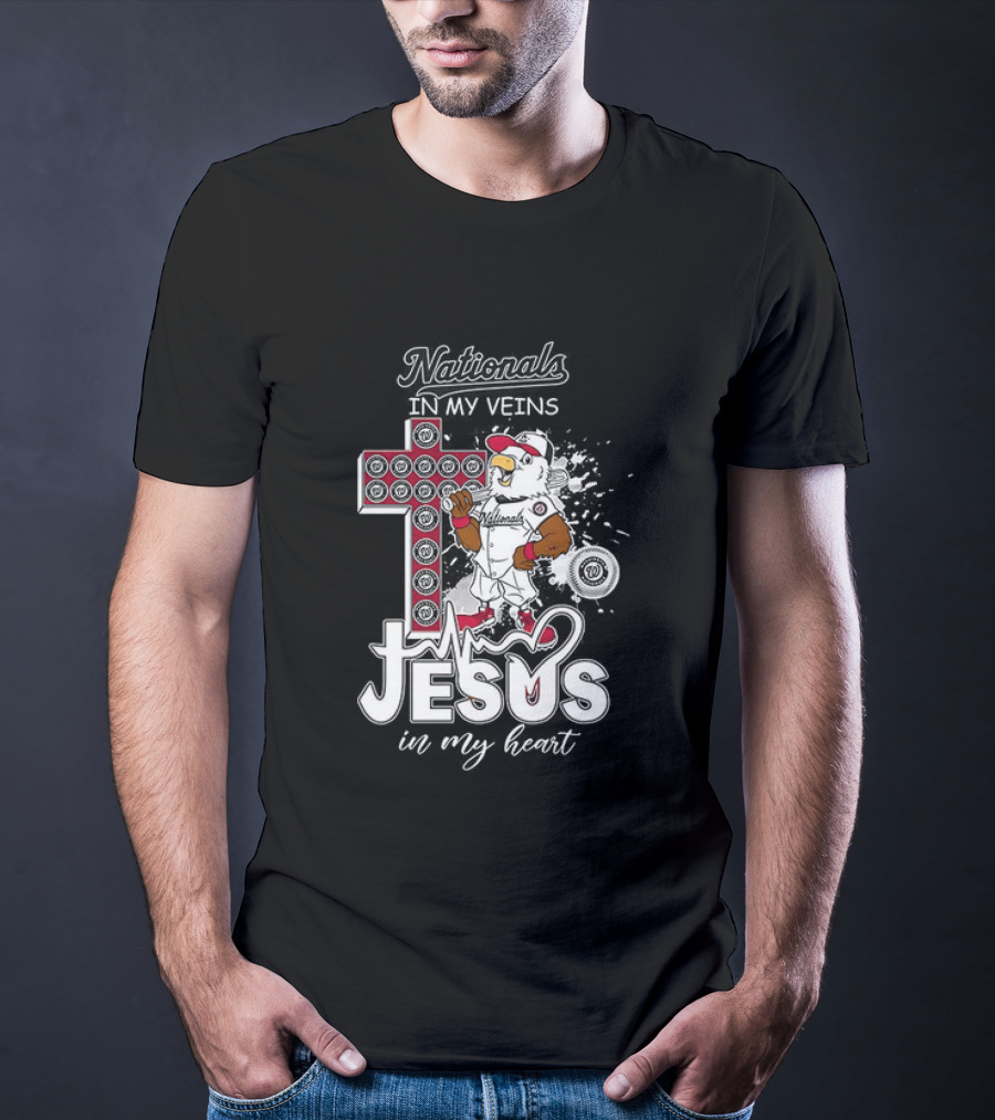 Nationals In My Veins Jesus In My Heart Baseball Cross Christian T-Shirt