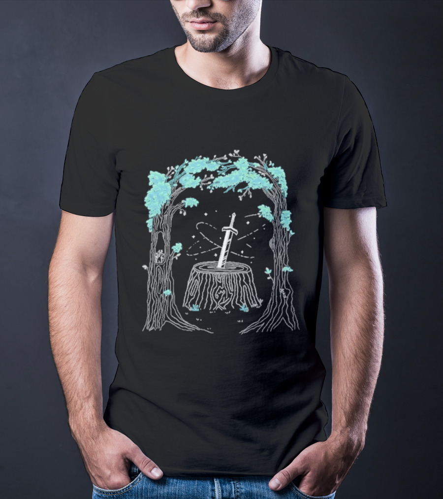 Mythical Golden Sword In Stone Amid Enchanted Forest Mythicality 2026 T-Shirt