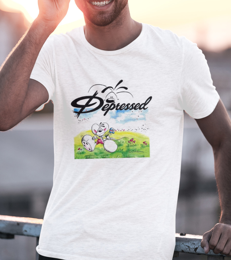 Depressed Diddl White Gerbil Cartoon In Spring Meadow T-Shirt