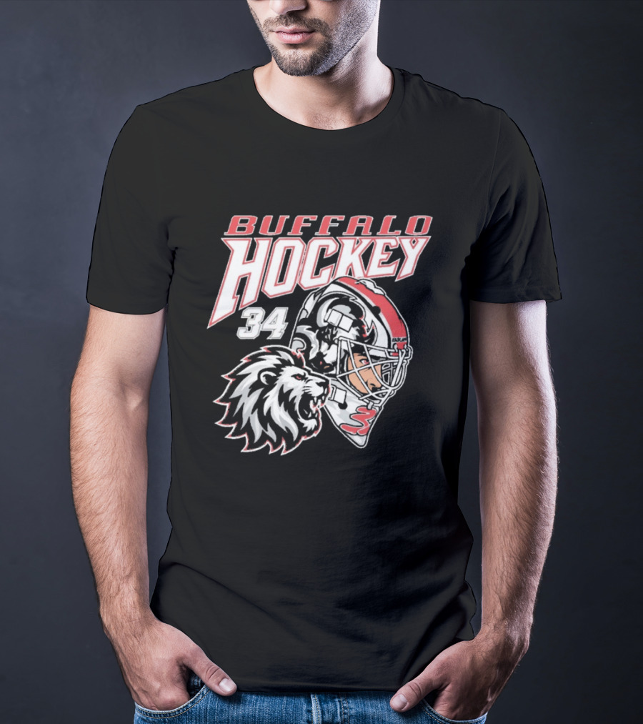 Buffalo Hockey 34 The Lyons Den Lion And Hockey Helmet T-Shirt